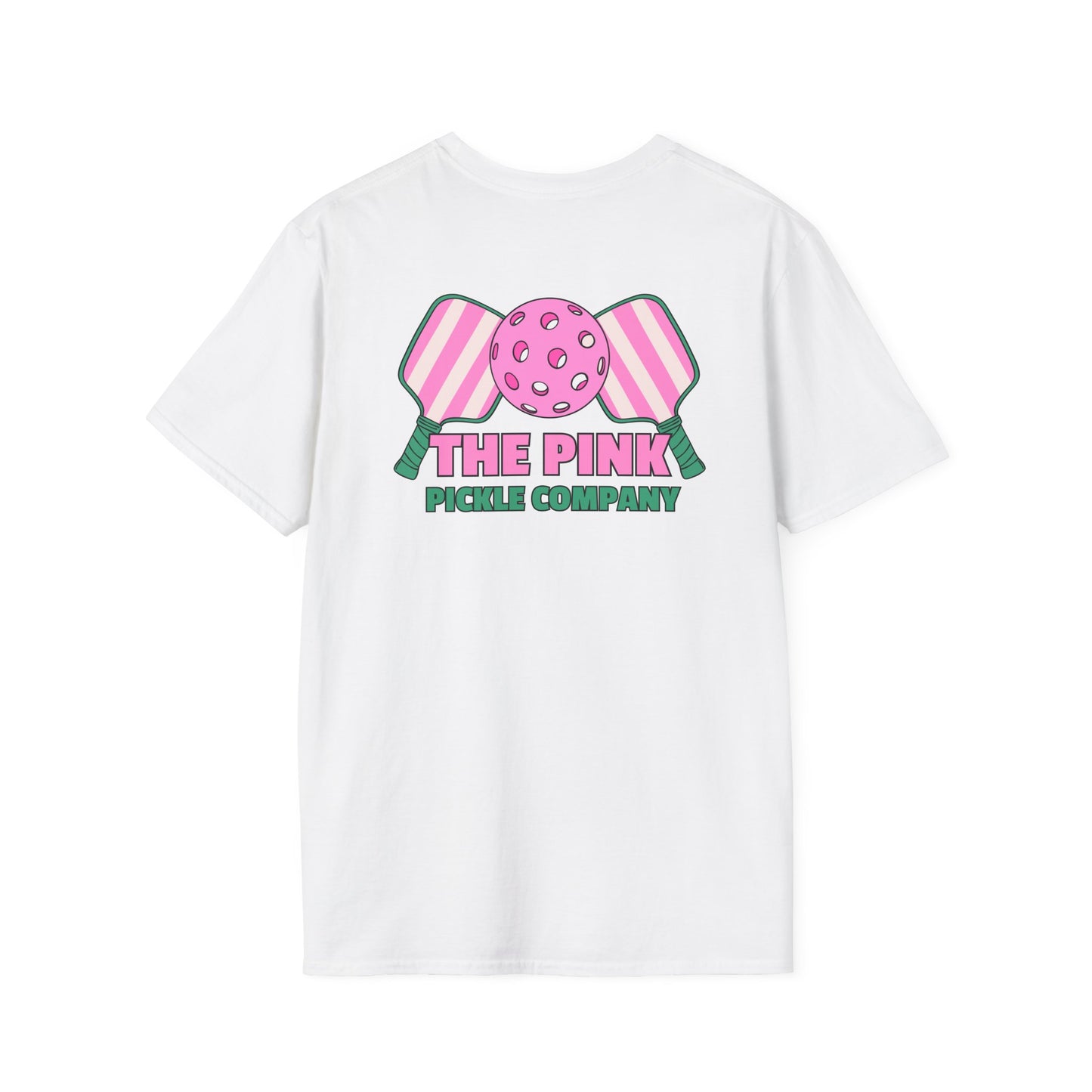 The Pink Pickle – Dink Responsibly Unisex Softstyle T-Shirt (White)