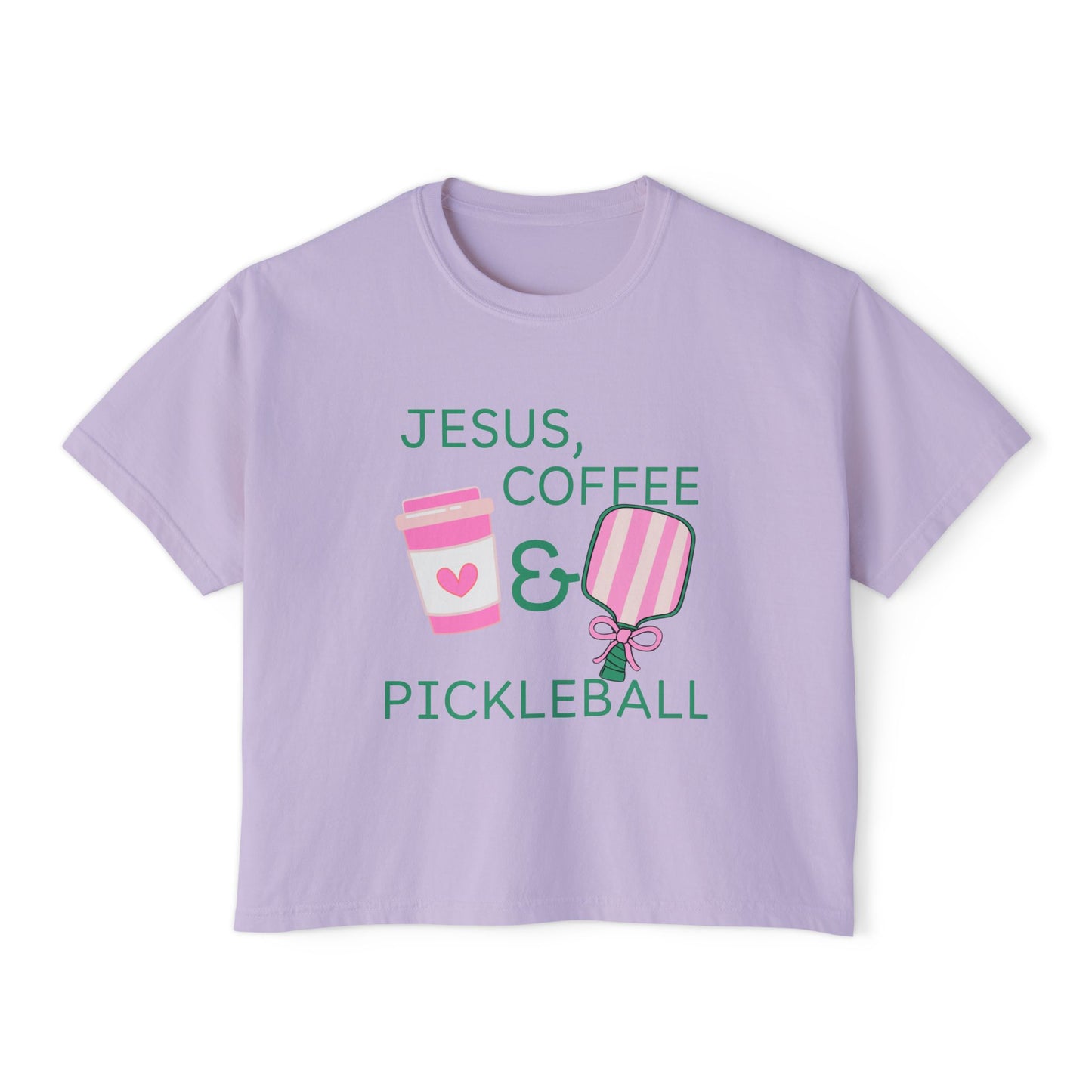 The Pink Pickle – Jesus, Coffee & Pickleball (Boxy Tee)
