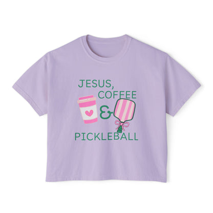 The Pink Pickle – Jesus, Coffee & Pickleball (Boxy Tee)