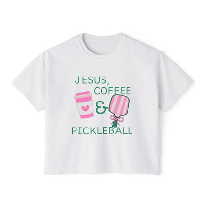 The Pink Pickle – Jesus, Coffee & Pickleball (Boxy Tee)