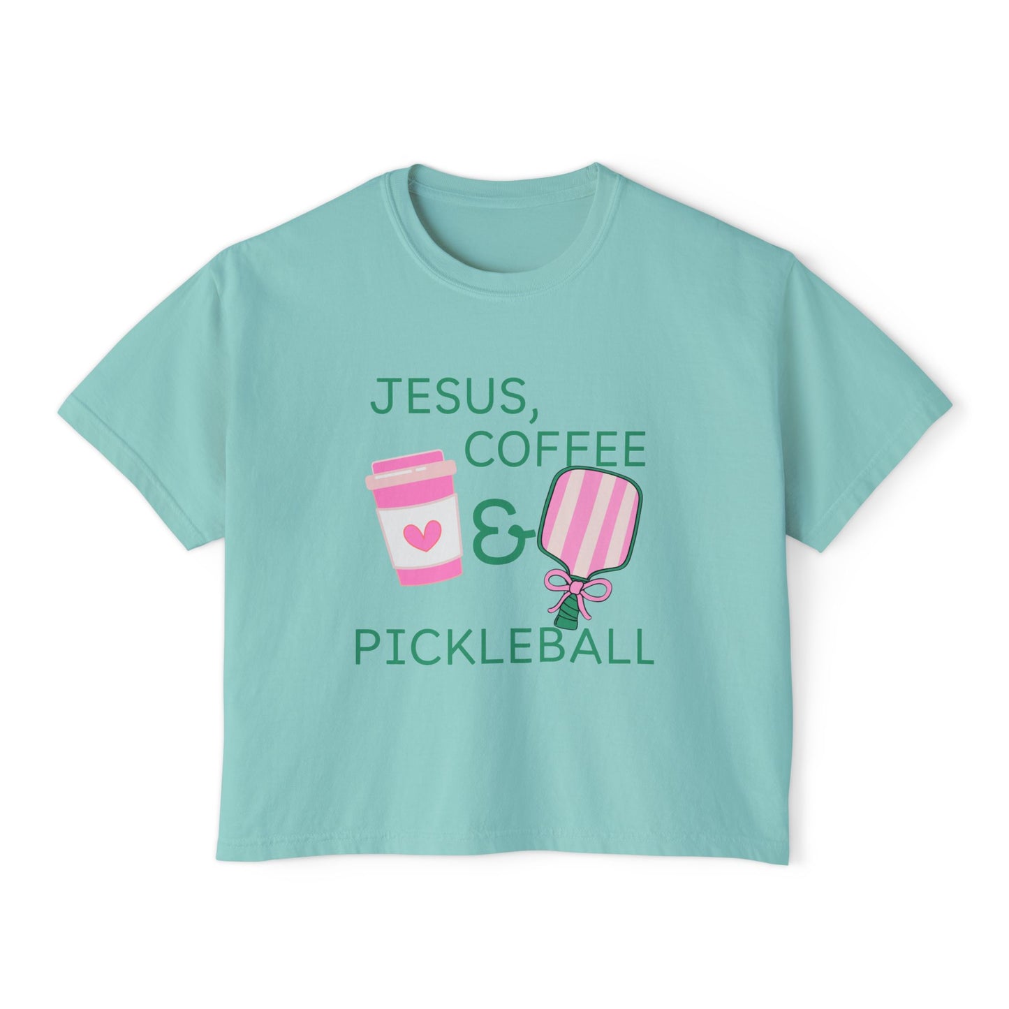 The Pink Pickle – Jesus, Coffee & Pickleball (Boxy Tee)
