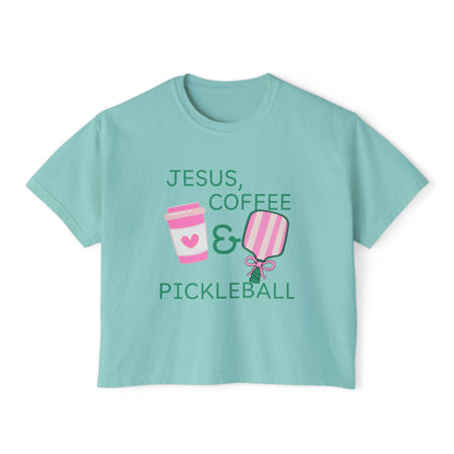 The Pink Pickle – Jesus, Coffee & Pickleball (Boxy Tee)