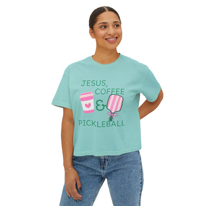 The Pink Pickle – Jesus, Coffee & Pickleball (Boxy Tee)