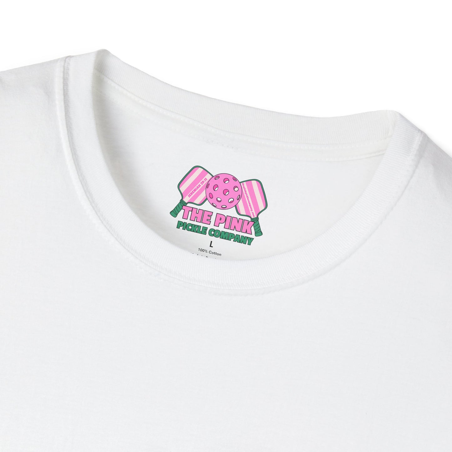 The Pink Pickle – Dink Responsibly Unisex Softstyle T-Shirt (White)