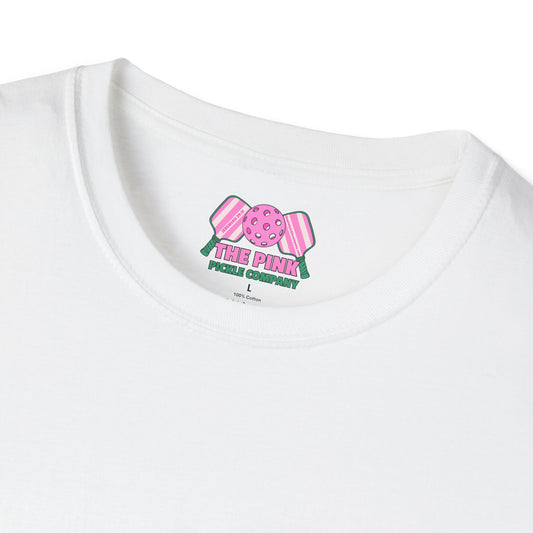 The Pink Pickle – Dink Responsibly Unisex Softstyle T-Shirt (White)