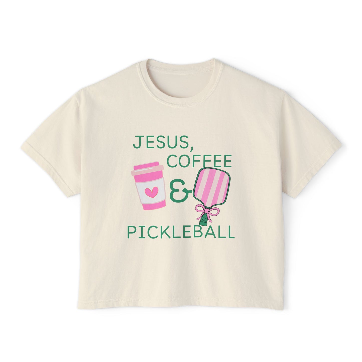 The Pink Pickle – Jesus, Coffee & Pickleball (Boxy Tee)