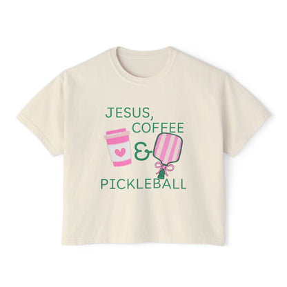 The Pink Pickle – Jesus, Coffee & Pickleball (Boxy Tee)
