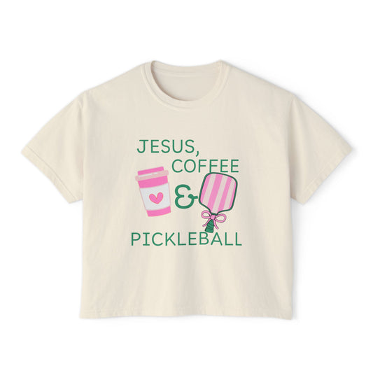 The Pink Pickle – Jesus, Coffee & Pickleball (Boxy Tee)