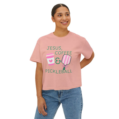 The Pink Pickle – Jesus, Coffee & Pickleball (Boxy Tee)