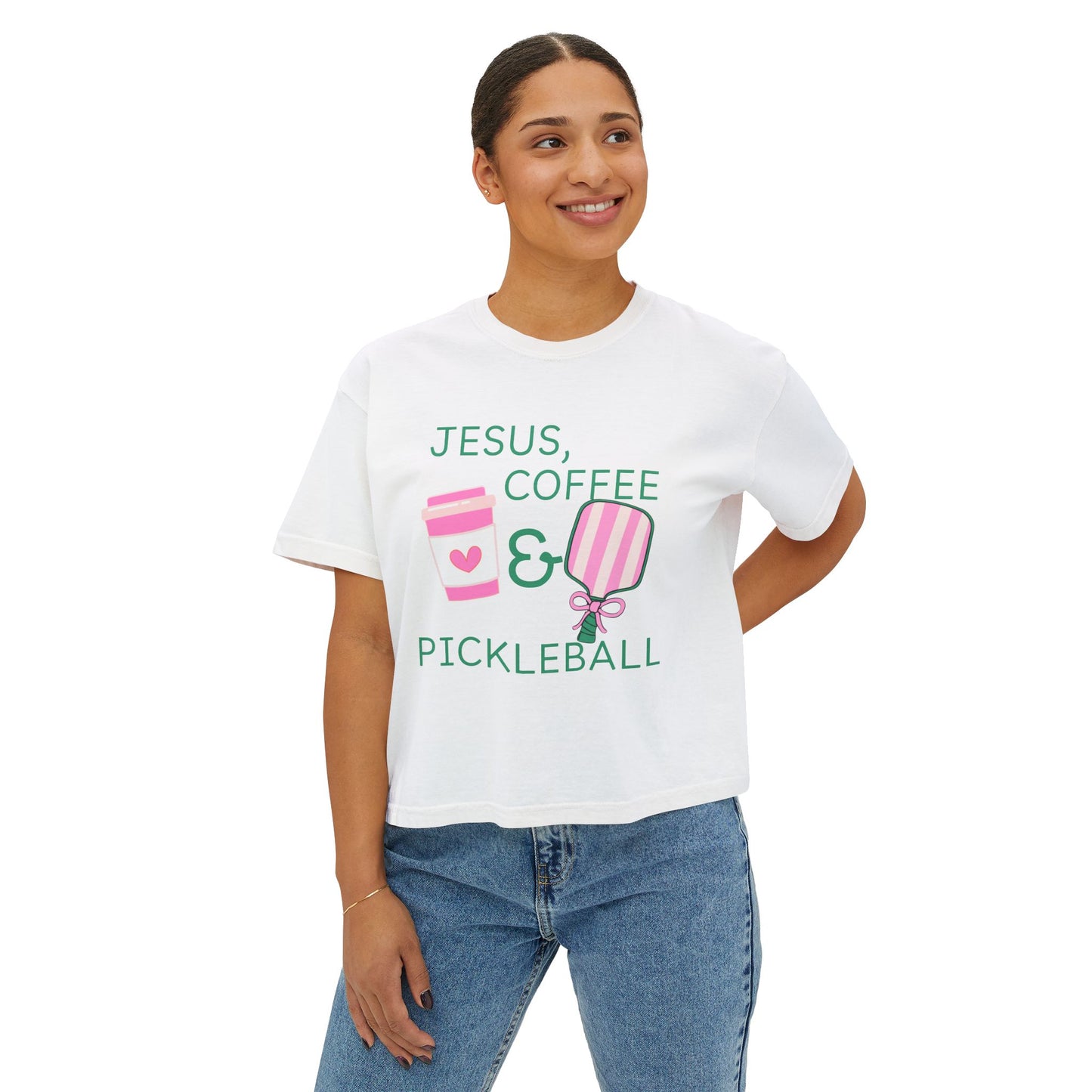 The Pink Pickle – Jesus, Coffee & Pickleball (Boxy Tee)