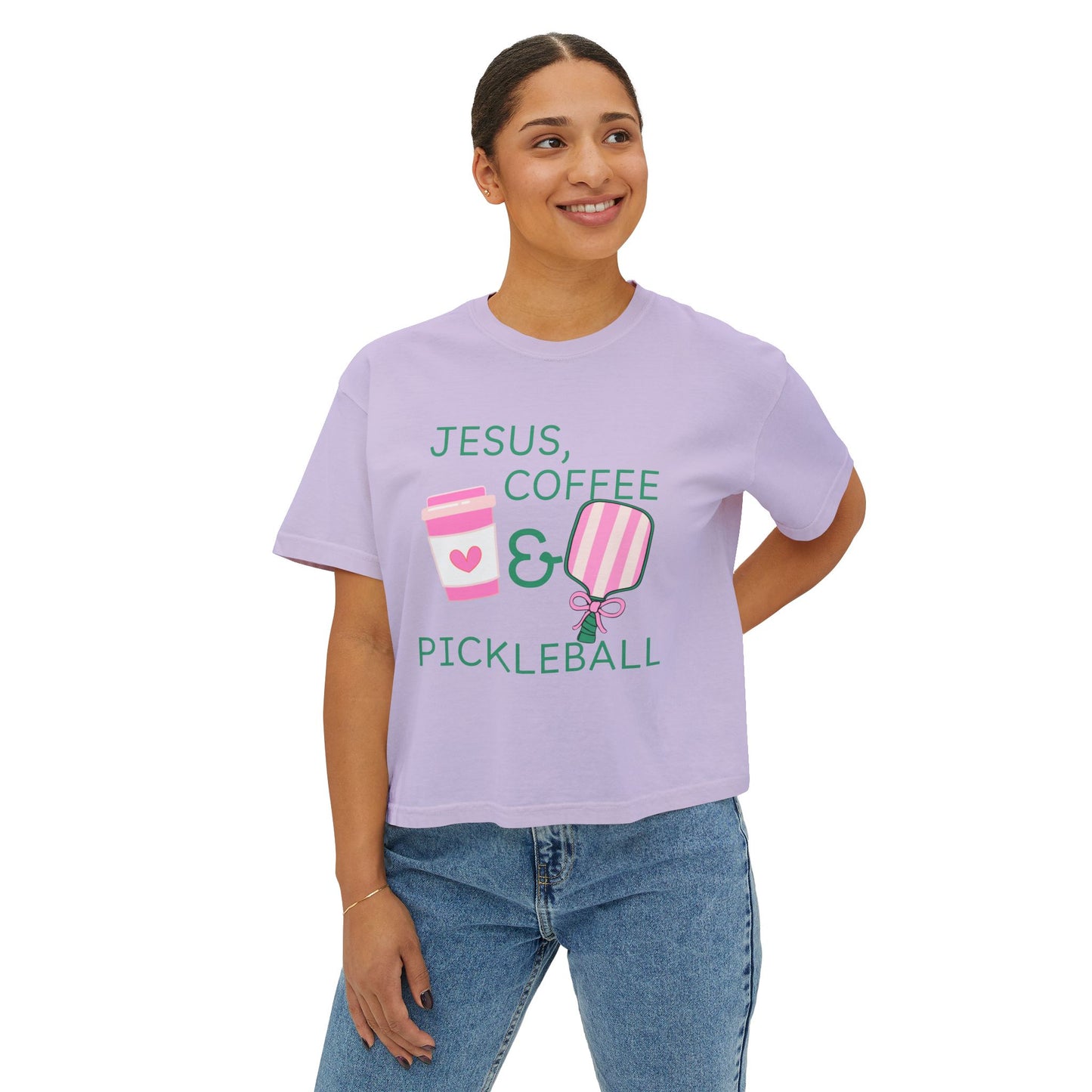 The Pink Pickle – Jesus, Coffee & Pickleball (Boxy Tee)