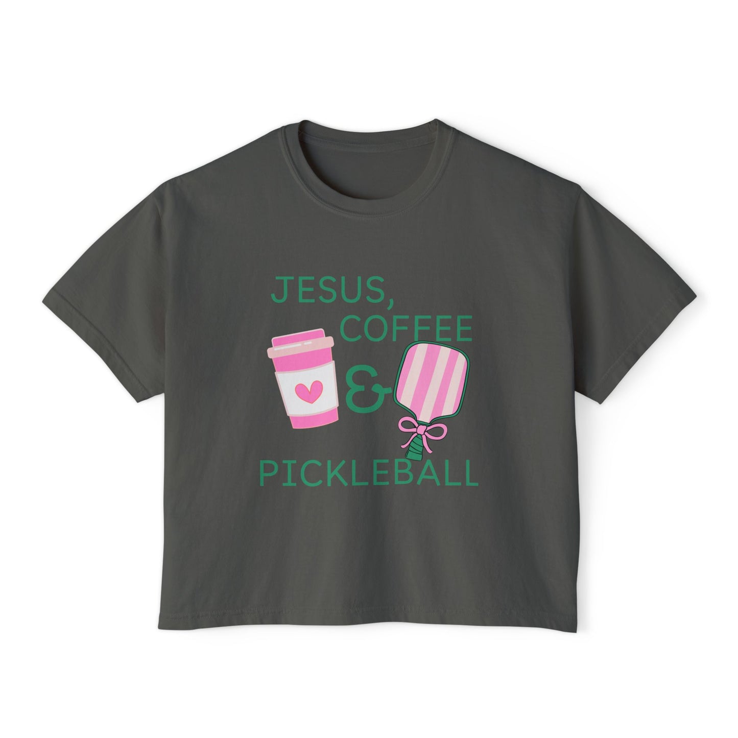 The Pink Pickle – Jesus, Coffee & Pickleball (Boxy Tee)