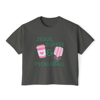The Pink Pickle – Jesus, Coffee & Pickleball (Boxy Tee)