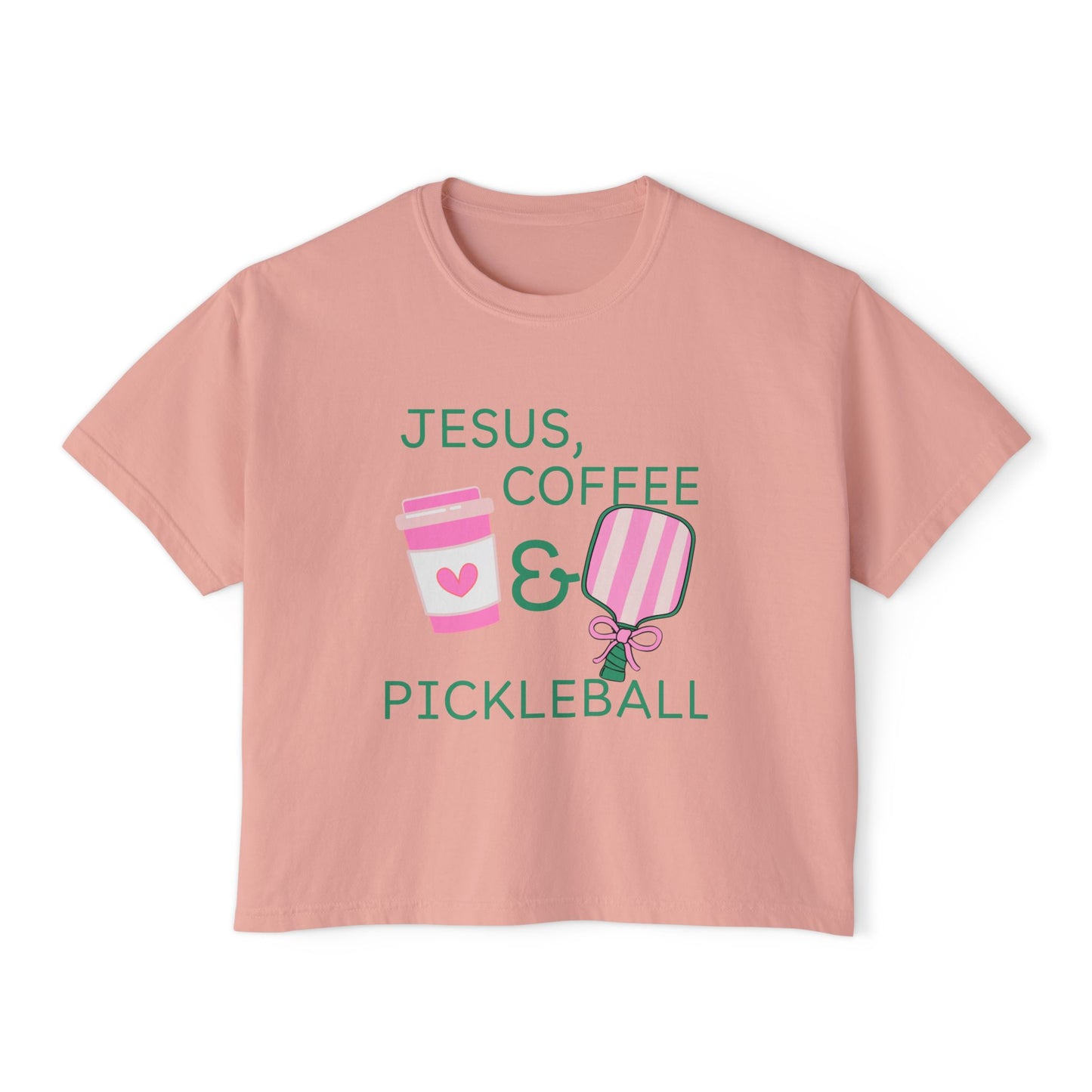The Pink Pickle – Jesus, Coffee & Pickleball (Boxy Tee)