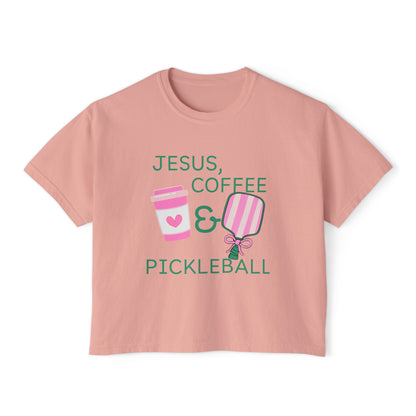 The Pink Pickle – Jesus, Coffee & Pickleball (Boxy Tee)