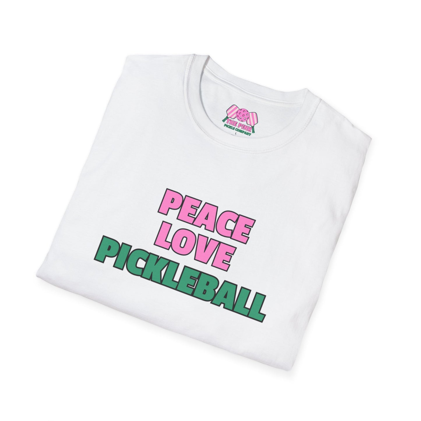 The Pink Pickle – Peace Love Pickleball Unisex Softstyle T-Shirt (White)