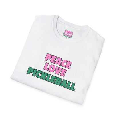 The Pink Pickle – Peace Love Pickleball Unisex Softstyle T-Shirt (White)
