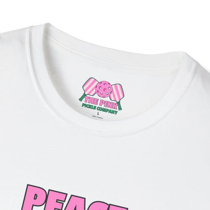 The Pink Pickle – Peace Love Pickleball Unisex Softstyle T-Shirt (White)